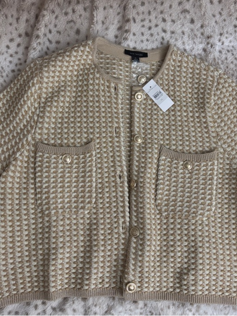 Ann Taylor Cream Textured Short-Sleeve Cardigan Sweater - NWT